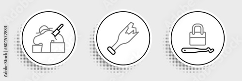 Set line Lock picks for lock picking, Murder and Broken bottle as weapon icon. Vector