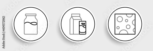 Set line Cheese, Bottle with milk and Paper package for kefir icon. Vector