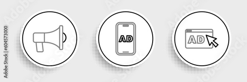 Set line Advertising, Megaphone and icon. Vector