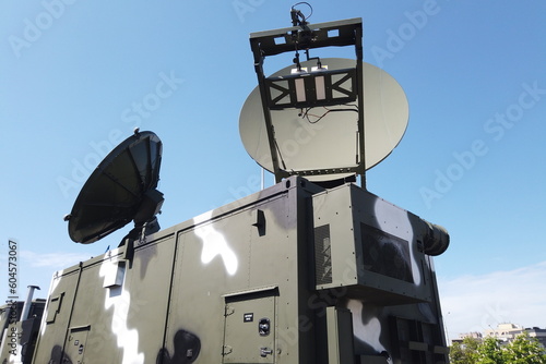  Minsk, Belarus - 20.05.2023: Systems for detecting military-type air targets and transmitting classified information to troops and command posts. Military antennas, locators and radars.
