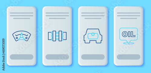 Set line Metallic pipes and valve, Gas tank for vehicle, Motor gas gauge and Word oil icon. Vector