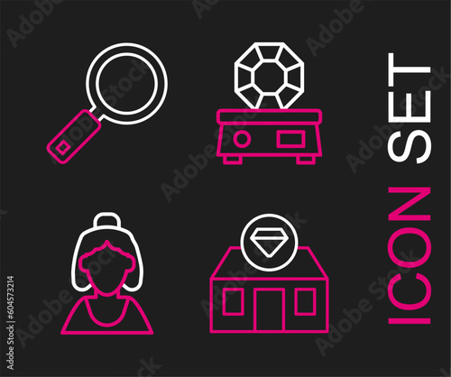 Set line Jewelry store, Consultant of jewelry, Gem stone and Magnifying glass icon. Vector