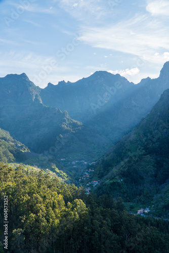 Obraz na płótnie Panoramic mountains view from pico do jorge pico grande viewpoint down to Curral das Freiras through the Nun's Valley on Madeira Island w salonie
