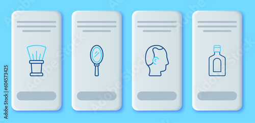 Set line Hand mirror, Baldness, Shaving brush and Bottle of shampoo icon. Vector