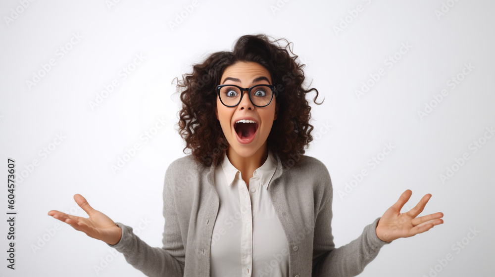 curly brunette in glasses spreading her arms to the sides with a smile very happy on a white background, generated by AI curly brunette in glasses spreading her arms to the sides with a smile very happy on a white background, generated by AI