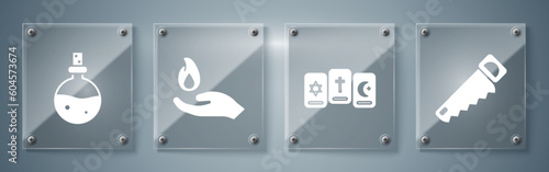 Set Hand saw, Three tarot cards, Hand holding a fire and Bottle with love potion. Square glass panels. Vector