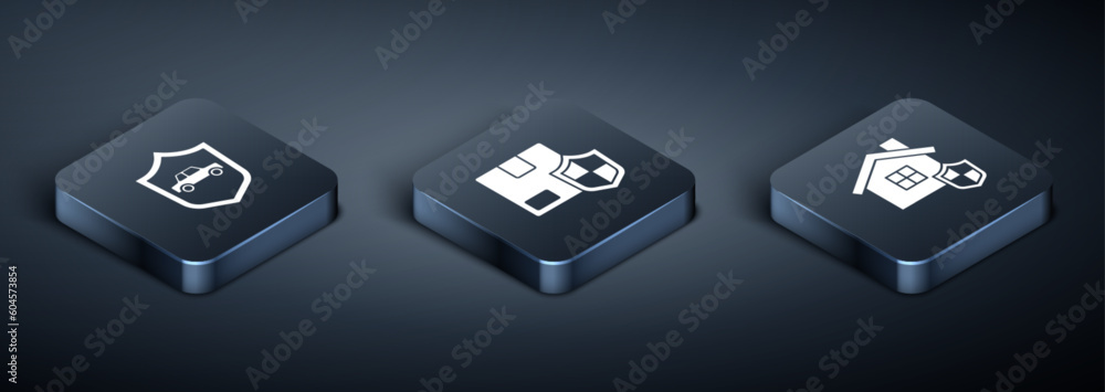 Set Isometric Car with shield, House and Delivery security icon. Vector Set Isometric Car with shield, House and Delivery security icon. Vector