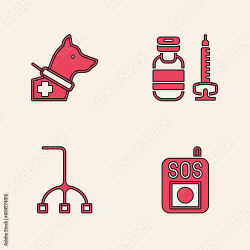 Set Press the SOS button, Guide dog, Syringe and Walking stick cane icon. Vector