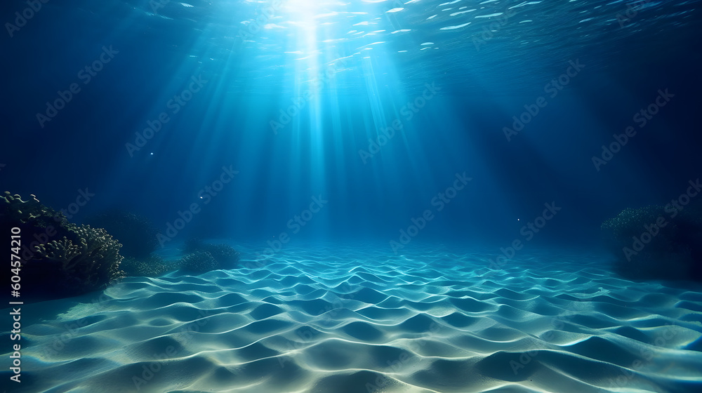 Empty blue underwater with sunlight shine to sand sea floor, deep ocean.