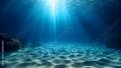 Empty blue underwater with sunlight shine to sand sea floor  deep ocean.