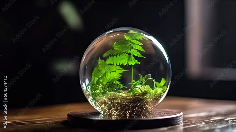 World environment and earth day concept with glass globe and eco friendly enviroment blurred background. Generative ai