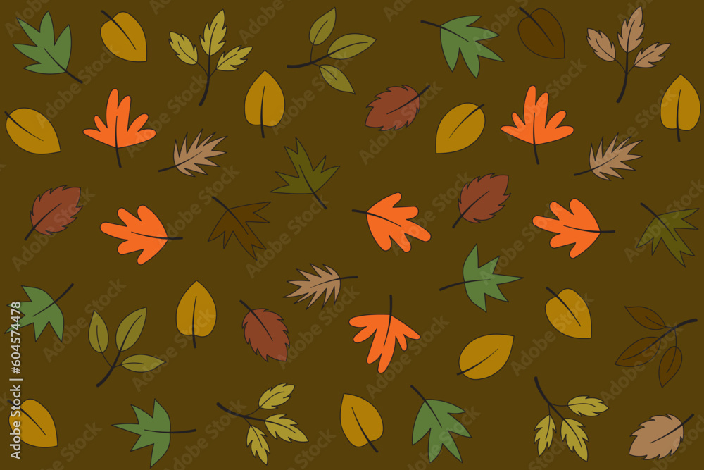 Illustration Pattern of the autumn leaves on brown background.