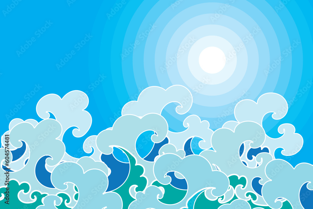 Illustration, Abstract wave with sun on blue sky background. Illustration, Abstract wave with sun on blue sky background.