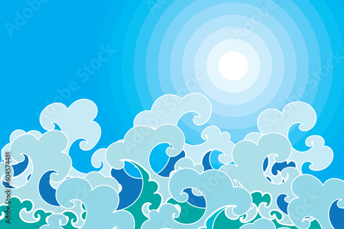 Illustration, Abstract wave with sun on blue sky background.