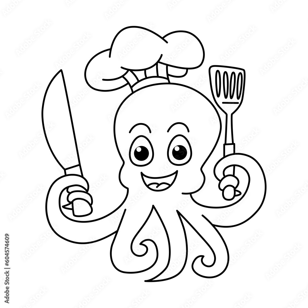 Obraz premium Funny octopus chef cartoon characters vector illustration. For kids coloring book.