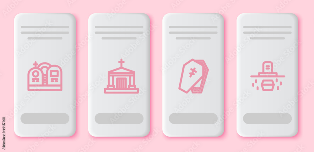 Set line Grave with tombstone, Old crypt, Coffin cross and coffin. White rectangle button. Vector Set line Grave with tombstone, Old crypt, Coffin cross and coffin. White rectangle button. Vector
