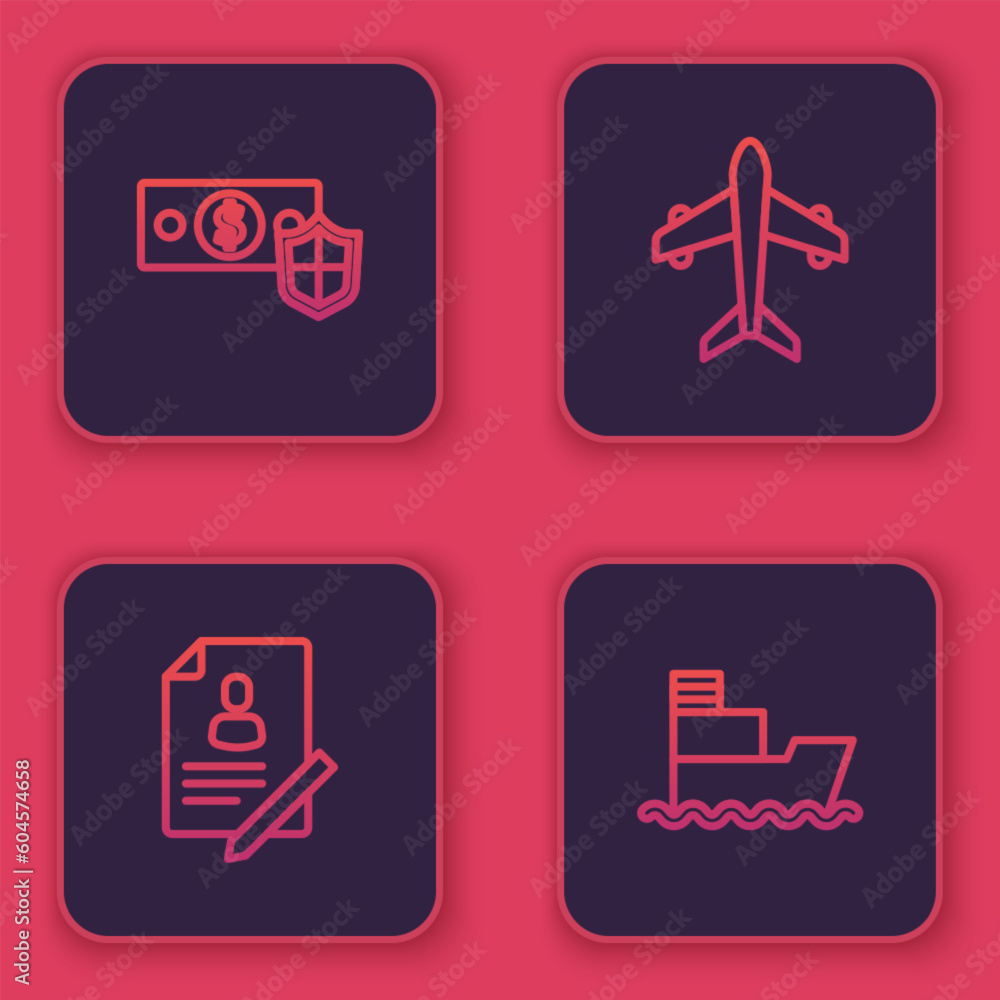 Set line Money with shield, Document, Plane and Ship. Blue square button. Vector Set line Money with shield, Document, Plane and Ship. Blue square button. Vector