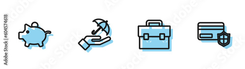 Set line Briefcase, Piggy bank, Umbrella in hand and Credit card with shield icon. Vector