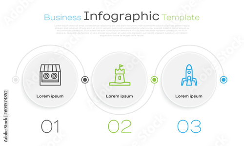 Set line Shooting gallery, Sand tower and Rocket ship. Business infographic template. Vector
