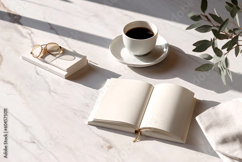 Canvas Print still life with empty white note book mockup and coffee on marble table