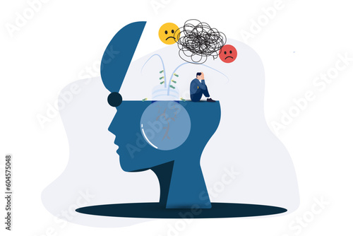 Stress burden from overwork. mental problems, anxiety. Businessman has heavy messy line in his brain.