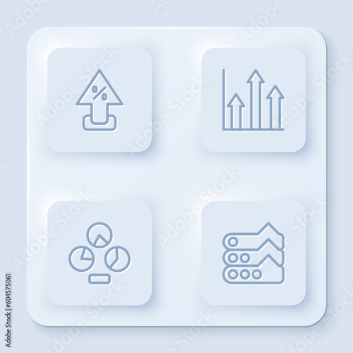 Set line Percent up arrow, Pie chart infographic, and Graph, chart, diagram. White square button. Vector