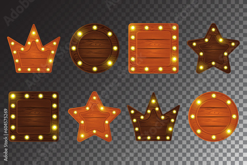 Crown and star bulb light board game wooden texture frame design. Cartoon vector banner panel for vegas or broadway theatre isolated illustration set with maple and oak label neon flare piece.