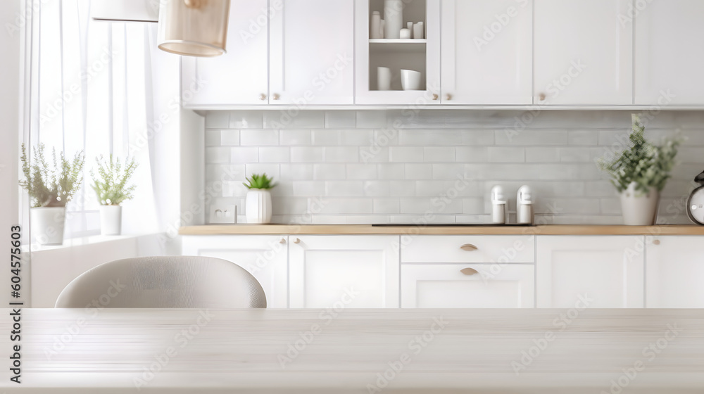 Empty white wooden table in beautiful kitchen. Space for design Empty white wooden table in beautiful kitchen. Space for design