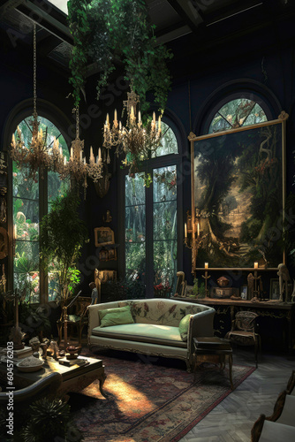 Generative AI illustration of Luxurious Rococo style dining room filled with green plants and artwork with antique furniture