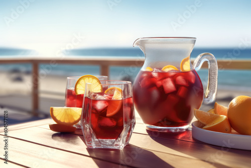 jarra y vasos de sangria sobre fondo de playa en verano. Bebida refrescante tradicional en España en verano