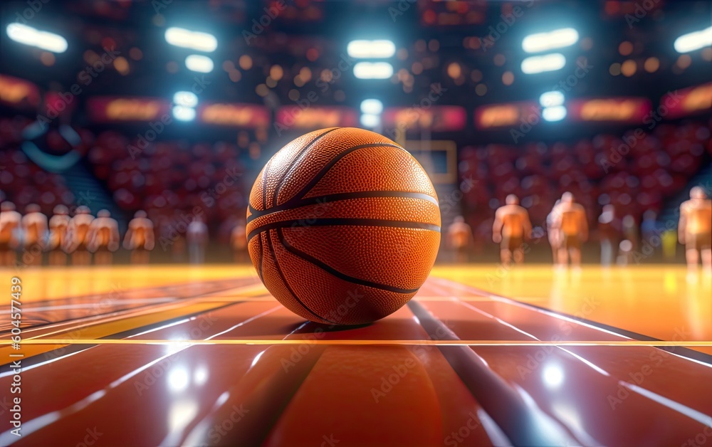 Basketball ball on a arena floor close up view blur stadium background generative ai Basketball ball on a arena floor close up view blur stadium background generative ai