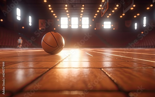 Basketball ball on a arena floor with blur stadium background generative ai