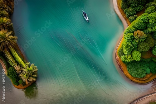 Pemandangan udara pulau tropis yang indah dengan pohon palem, laut biru kehijauan dan pantai berpasir. generatif ai photo