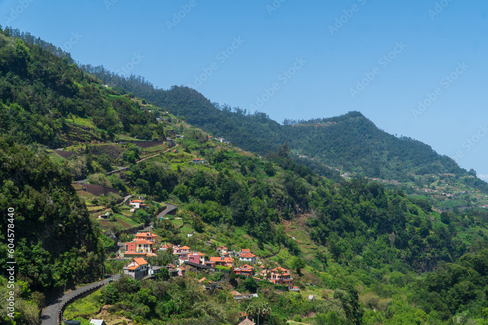 Mountain landscape with vegetation beautiful background of Madeira mountains. Green landscape cloudy sky