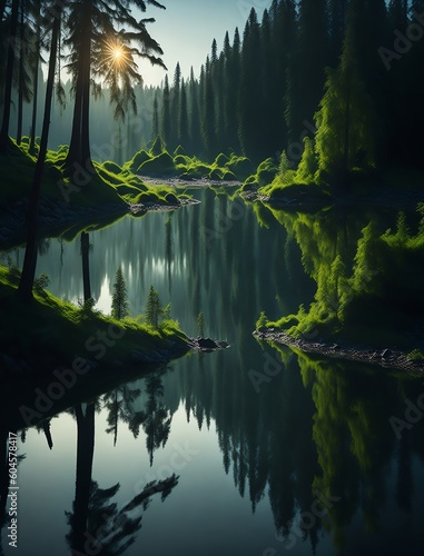Capture the beauty and tranquility of a forest lake surrounded by lush greenery, using a wide-angle lens at sunrise a stunning landscape that evokes a sense of serenity and connection with nature