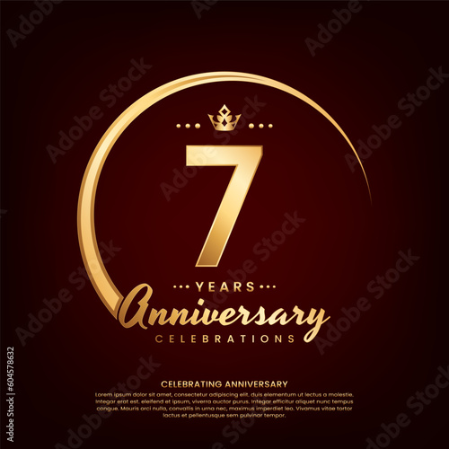 7 year anniversary template design with golden number and ring for birthday celebration event, invitation, banner poster, flyer, and greeting card, vector template