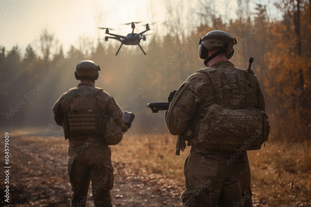 Fototapeta premium wo soldiers with their backs to the camera launch a full size military combat drone into flight