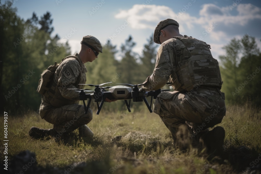 Fototapeta premium Original name(s): Two soldiers launch a full size military combat drone into flight
