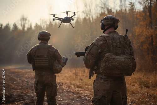wo soldiers with their backs to the camera launch a full size military combat drone into flight