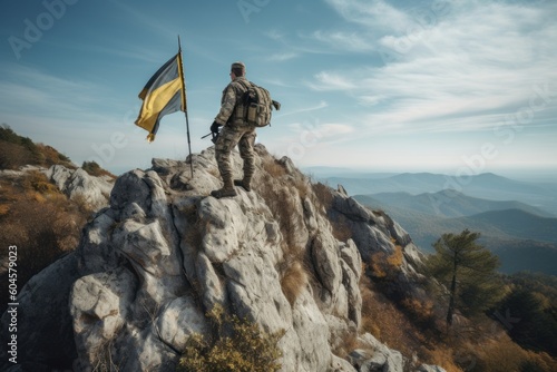 Soldier with the flag with colors of Ukraine climbing a huge rock in a mountainous area. Generative ai 1