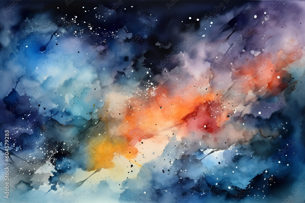 Watercolor colorful abstract space background. Beautiful galaxy AI illustration. Cosmic texture with glowing stars. Night sky.