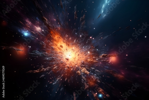 Abstract explosion in space. Global accident in the galaxy. AI illustration. Galaxies design backdrop for desktop wallpaper.