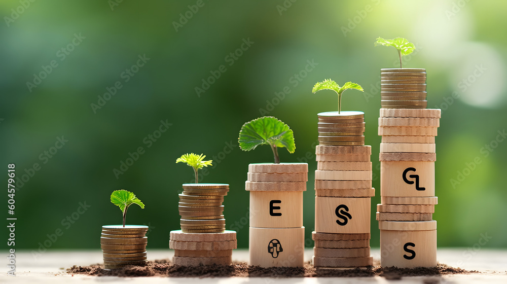 ESG concept of environmental, social, and governance.ESG icon on a woodblock with small tree on stack coins idea for esg investment sustainable organizational development. account the environment. - obrazy, fototapety, plakaty 