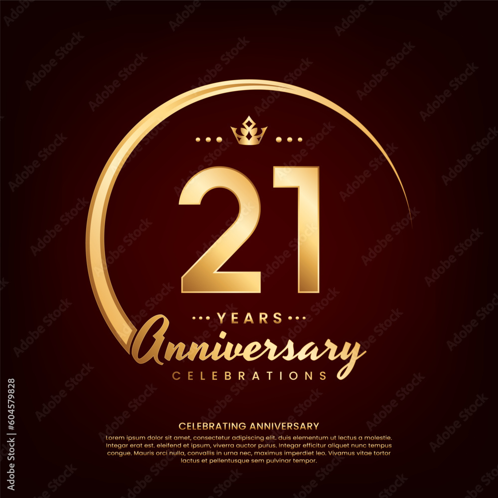 21 year anniversary template design with golden number and ring for birthday celebration event, invitation, banner poster, flyer, and greeting card, vector template 21 year anniversary template design with golden number and ring for birthday celebration event, invitation, banner poster, flyer, and greeting card, vector template