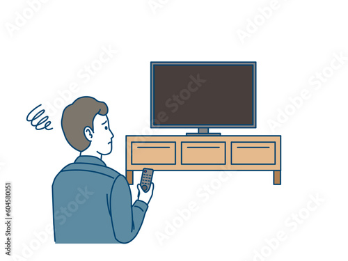 テレビの電源がつかず困る男性のイラスト　テレビの故障