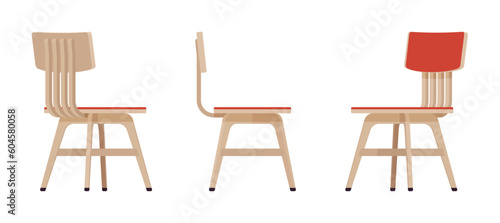 Dining side chair furniture set in natural beige. Wood seat, back rest, kitchen room, cafe, restaurant classic modern interior design. Vector flat style cartoon home, office isolated, white background