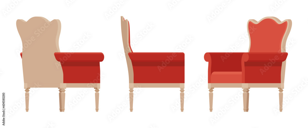 Armchair, soft wing chair, wingback furniture set in natural brown, red. Tea meeting, living room, bar, cafe, hotel decent decoration. Vector flat style cartoon home, office isolated, white background Armchair, soft wing chair, wingback furniture set in natural brown, red. Tea meeting, living room, bar, cafe, hotel decent decoration. Vector flat style cartoon home, office isolated, white background