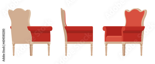 Armchair, soft wing chair, wingback furniture set in natural brown, red. Tea meeting, living room, bar, cafe, hotel decent decoration. Vector flat style cartoon home, office isolated, white background