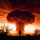 The silhouette of a man in front of atom bomb explosion.
