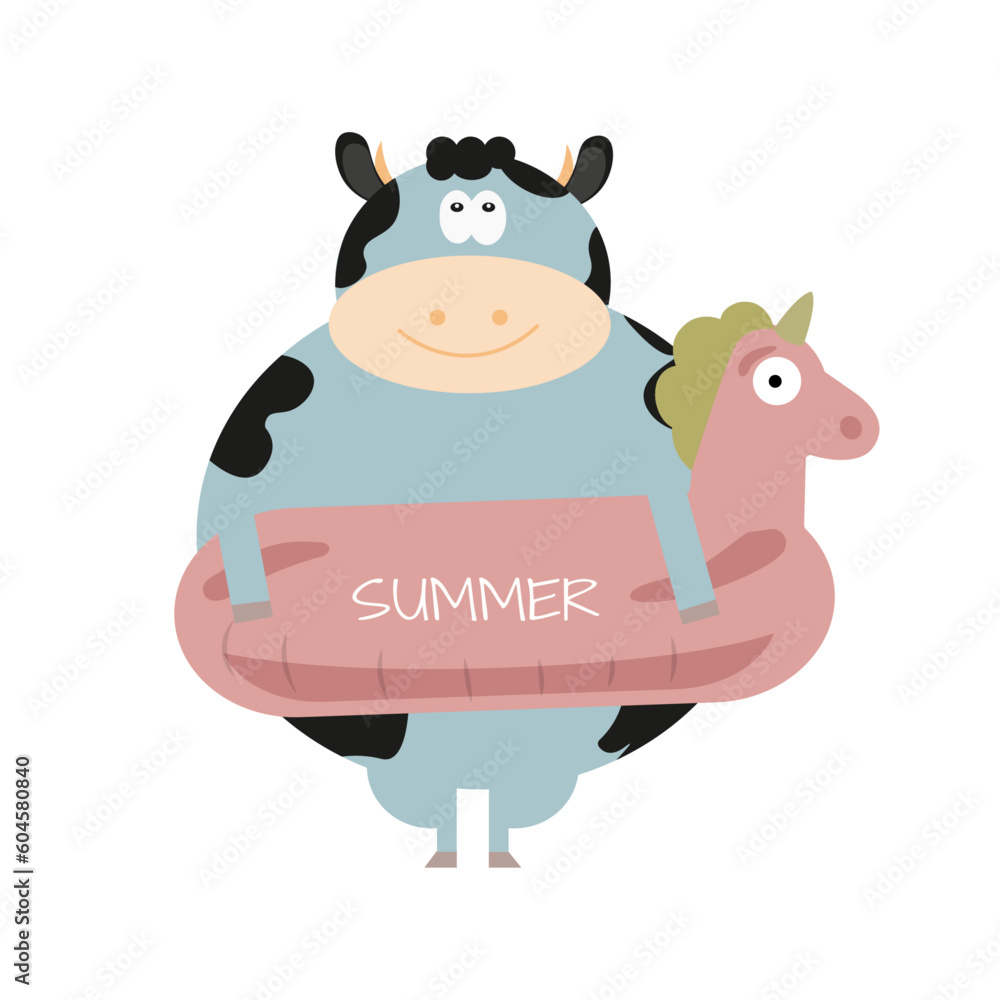 Fototapeta premium Summer Illustration with Cow and Balloon Swimming Pool 